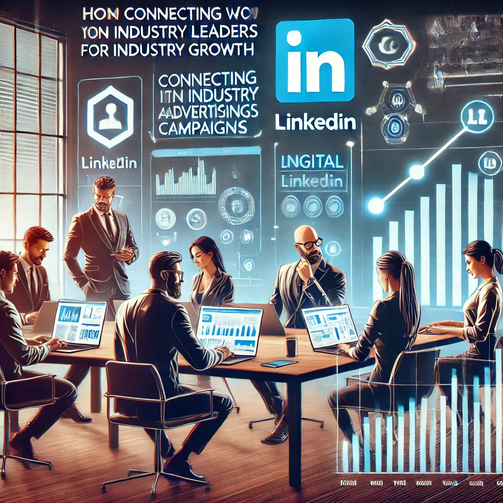 Diverse professionals collaborating on digital advertising campaigns for industry growth, analyzing data and LinkedIn analytics on modern devices.